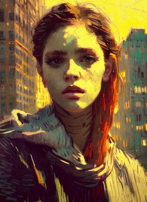 Image similar to portrait of a beautiful girl, new york backdrop, sad, sunset shades, beautiful face, rule of thirds, intricate outfit, spotlight, by greg rutkowski, by jeremy mann, by francoise nielly, by van gogh, digital painting