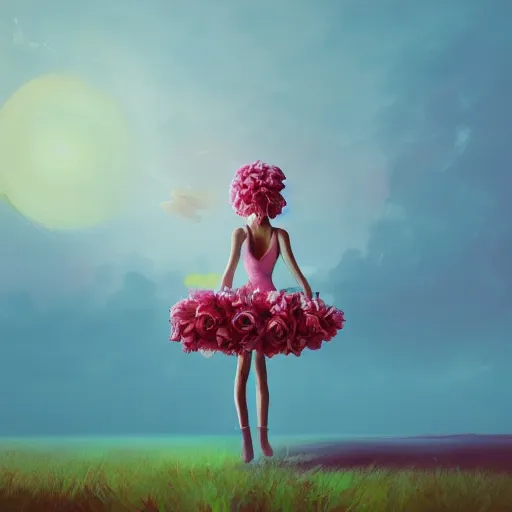 Image similar to portrait, giant rose flower head, girl dancing in a suit, surreal photography, sunrise, blue sky, dramatic light, impressionist painting, digital painting, artstation, simon stalenhag