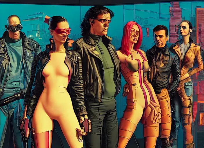 Image similar to cyberpunk heist crew. portrait by stonehouse and mœbius and will eisner and gil elvgren and pixar. character design. realistic proportions. dystopian. cyberpunk 2 0 7 7, apex, blade runner 2 0 4 9 concept art. cel shading. attractive face. thick lines. hi def 4 k. the team. detailed characters.