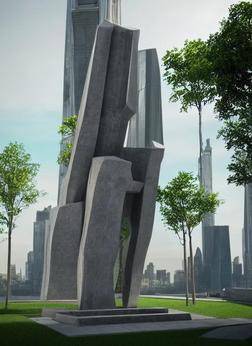 Image similar to highly detailed realistic architecture 3 d render of a futuristic stele monument in ieoh ming pei style standing in city park, archdaily, made in unreal engine 4 octane render