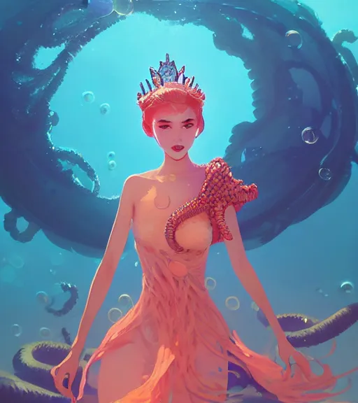 Prompt: portrait of a beautiful queen of the ocean with coral jewelry in complex and shiny dress made by jellyfish, by ross tran and atey ghailan, by greg rutkowski, by greg tocchini, by james gilleard, by joe fenton, by kaethe butcher, dynamic lighting, grunge aesthetic