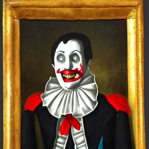 Image similar to a vampire sitting on a throne in his castle during the american revolution. he is surrounded by fine art and is wearing a bright clown emoji mask. finely detailed oil painting by john and ai