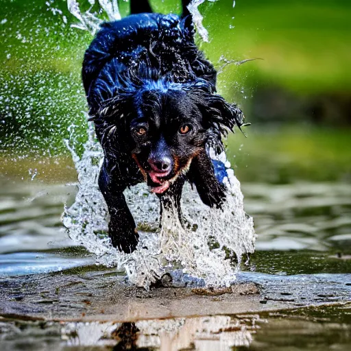 Image similar to Photorealistic photograph of a dog splashing in a puddle, photorealism, photorealistic, realism, real, highly detailed, ultra detailed, detailed, shutter speed 1/1000, 60mm Focal Length, Canon EOS 90D, Optical Camera, Wildlife Photographer of the Year, Pulitzer Prize for Photography, 8k