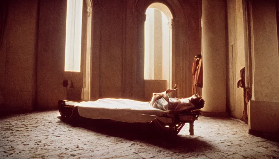 Image similar to 1 9 7 0 s movie still of the marcus aurelius'death on his bed in a ancient palace, cinestill 8 0 0 t 3 5 mm, high quality, heavy grain, high detail, cinematic composition, dramatic light, anamorphic, ultra wide lens, hyperrealistic
