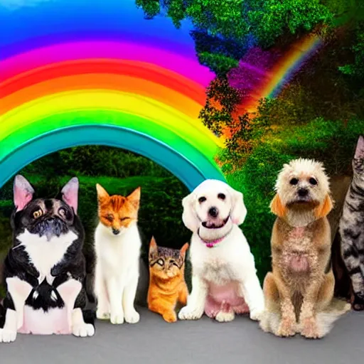 Image similar to a group of pet dogs and cats waiting patiently at the entrance to a glorious and heavenly rainbow bridge with tall heavenly golden gates at the entrance, real photo, detailed