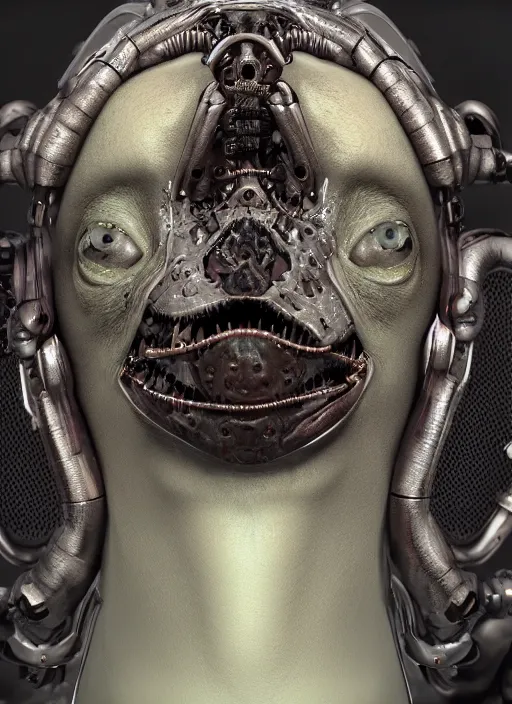 Image similar to a close up of a creepy looking biomechanical animal head face portrait, gigeresque cyberpunk art by ikuo hirayama, photorealism, octane render, behance hd, polycount