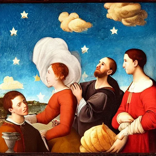 Image similar to a city market and the blue sky with clouds and stars and clouds for a man, and a woman wearing a pomade, in the style of a renaissance painting