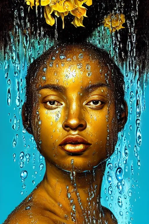 Prompt: hyperrealistic precisionist cinematic profile very expressive! oshun goddess, in water! john everett millais, mirror dripping droplet!, gold flowers, highly detailed face, digital art masterpiece, smooth eric zener cam de leon, dramatic pearlescent turquoise light on one side, low angle uhd 8 k, shallow depth of field