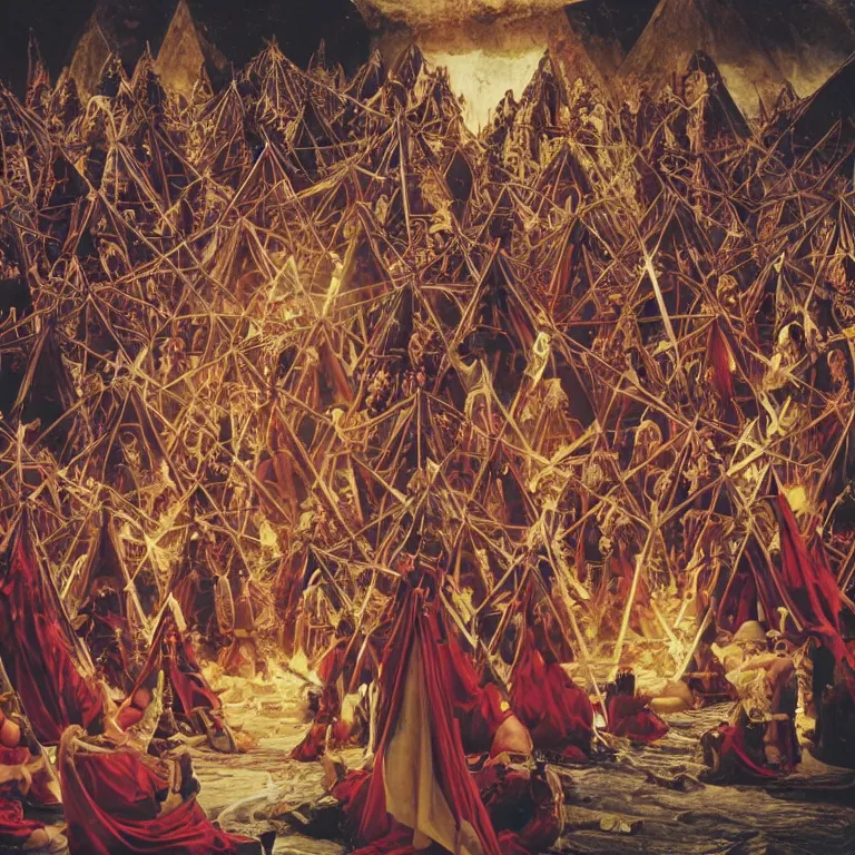 Image similar to pov of members of esoteric cult sacrificing humans next to inverted pyramids, 8mm hyper realistic and detailed, wear heavy red ornemental costumes and elongate gold masks and jewels