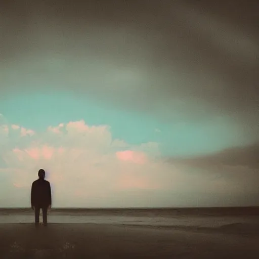 Image similar to young adult's head evaporizing, standing sideways in front of a rough sea, trippy sky