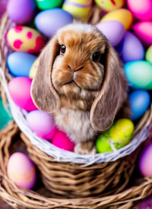 Image similar to a 3 5 mm photo of a holland lop sitting in an easter basket full of colorful easter eggs, bokeh, canon 5 0 mm, cinematic lighting, film, photography, golden hour, depth of field, award - winning, art by greg rutkowski, maxfield parrish and alphonse mucha