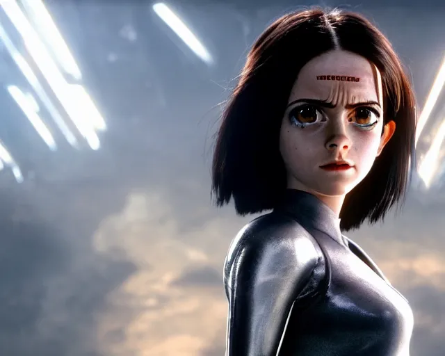 Prompt: a film still from battle angel alita played by actress emma watson, futuristic, cinematic lighting, photorealistic, lifelike, highly detailed, close - up, photorealistic, high resolution