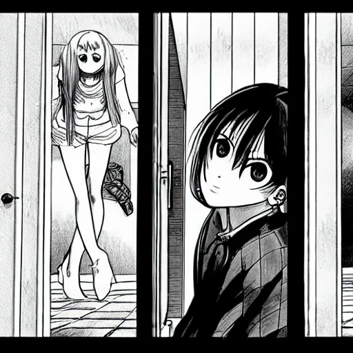 Prompt: Manga Panels, Mila Kunis looks to her right at a door leaking onto the floor by Junji Ito