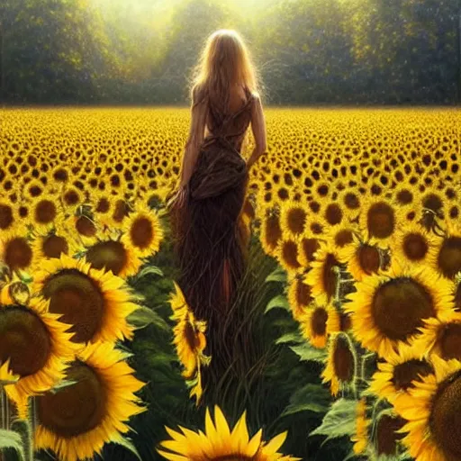 Prompt: a girl slowly walking through amazing tall sunflower field, hair flowing, early morning lighting, elegant, subtle, intricate details, real masterpiece, oil on canvas, by karol bak, ayami kojima, artgerm, smile, concept art, fantasy