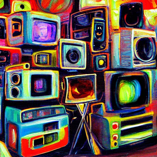 Image similar to furry, array of crt televisions, tv static, antenna, stacked, polaroid, steroids, adult video store, impressionist painting, painting, acrylic painting, cell shaded