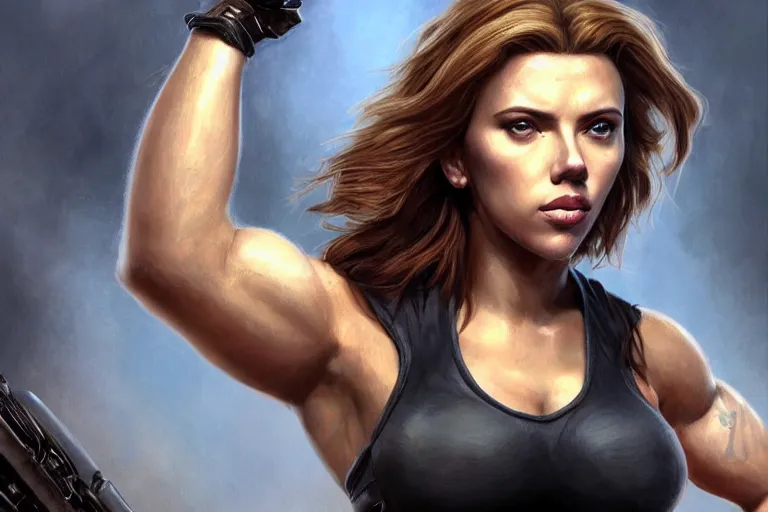 Image similar to detailed portrait of scarlett johansson as a thick female bodybuilder lara croft, attractive, beautiful, fantasy, intricate, elegant, highly detailed, digital painting, artstation, concept art, matte, sharp focus, illustration, art by aenaluck, artgerm and roberto ferri and greg rutkowski, epic fantasy, digital painting