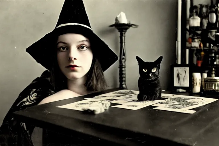 Image similar to close up portrait, dramatic lighting, concentration, calm confident teen witch and her cat, tarot cards displayed on the table in front of her, sage smoke, magic wand, a witch hat cloak, apothecary shelves in the background 1 9 2 0's photo, damaged film