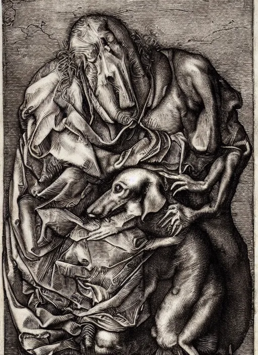 Prompt: a dachshund encountering death, engraving by albrecht durer, hyper detailed, macabre