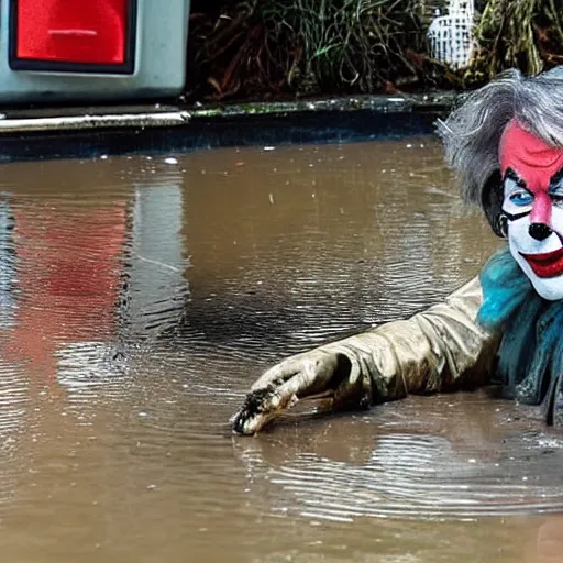 Prompt: horror image of clown from it trying to crawl out of a flooded sewer drain with trash and debris floating in dirty water, stephen king movie scene