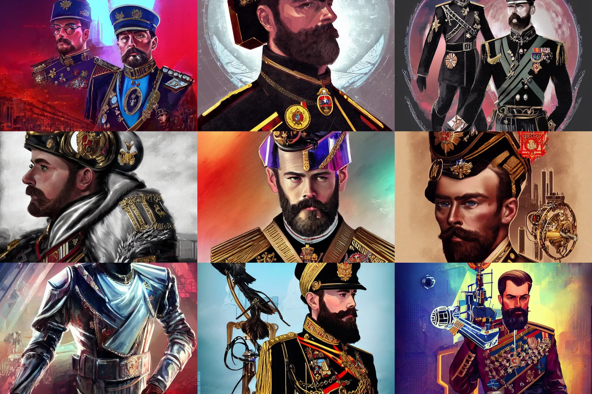 Prompt: Nicholas II of Russia, cyberpunk, synthwave, ornate, digital art, illustration, artstation, youtube, full body, wide angle, Schwarze Sonne halo