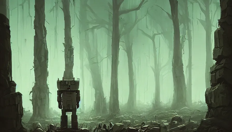 Image similar to stone golem, true evil, dormant, cyberpunk forest, nearby, sharp focus, james gilleard, cinematic, game art, extremely detailed digital painting, print