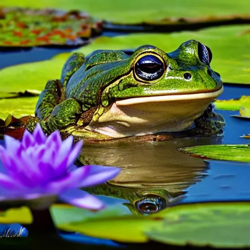 Prompt: close - up of a smiling frog in the pond with water lilies, medieval castle on background, shallow depth of field, highly detailed, ominous, digital art, masterpiece, matte painting, sharp focus, matte painting, by isaac levitan, monet, asher brown durand,