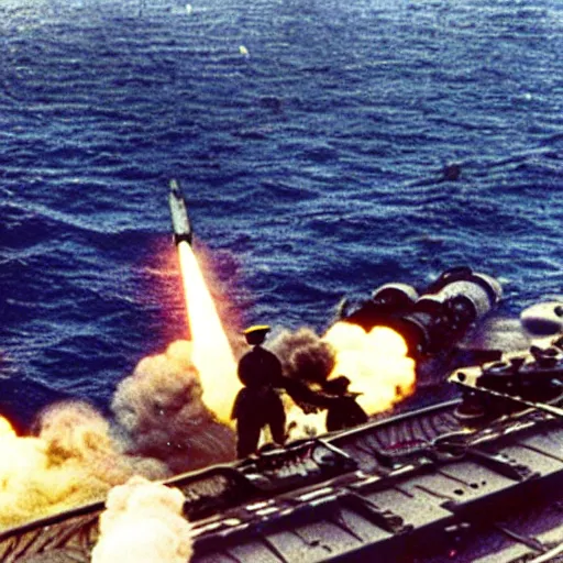 Image similar to view from the deck of a batteship firing a broadside, kamikaze planes diving, world war ii, high resolution colour photo