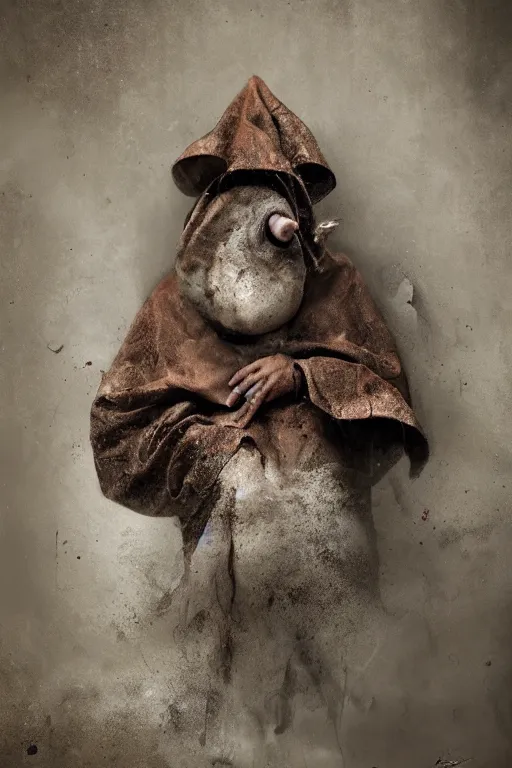 Prompt: a obese gray sniveling rat person wearing a decaying brown cloak, color painting by michal karcz