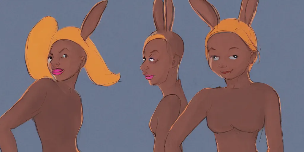 Image similar to women, dark skin, ginger, cartoon, sweatshirt, concept art, concept art, bunny ears,