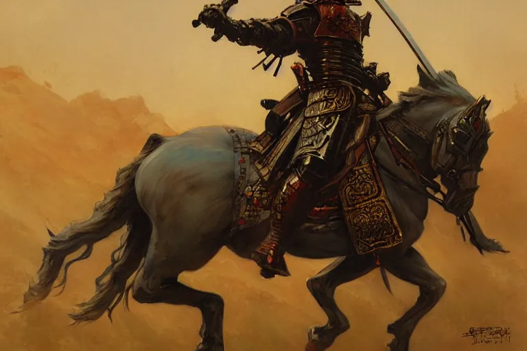 Image similar to armored samurai painting by gaston bussiere, craig mullins, j. c. leyendecker, tom of finland,