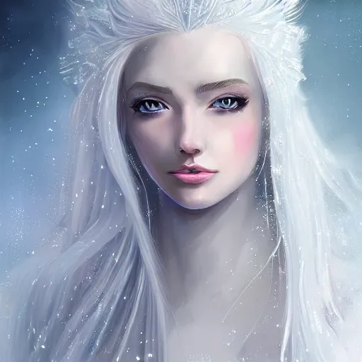 Image similar to Attractive young female ice angel, beautiful long white hair, wearing ice crystals, intricate, highly detailed, elegant, digital painting, trending on artstation