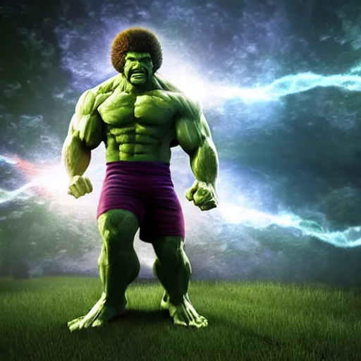 Image similar to photomanipulation of BOB ROSS as hulk, marvel, fully detailed, volumetric lightening, octane render