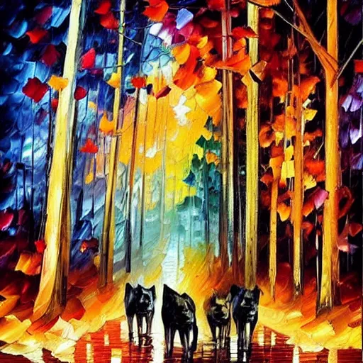 Image similar to “wolves hunting people, style of Leonid afremov”