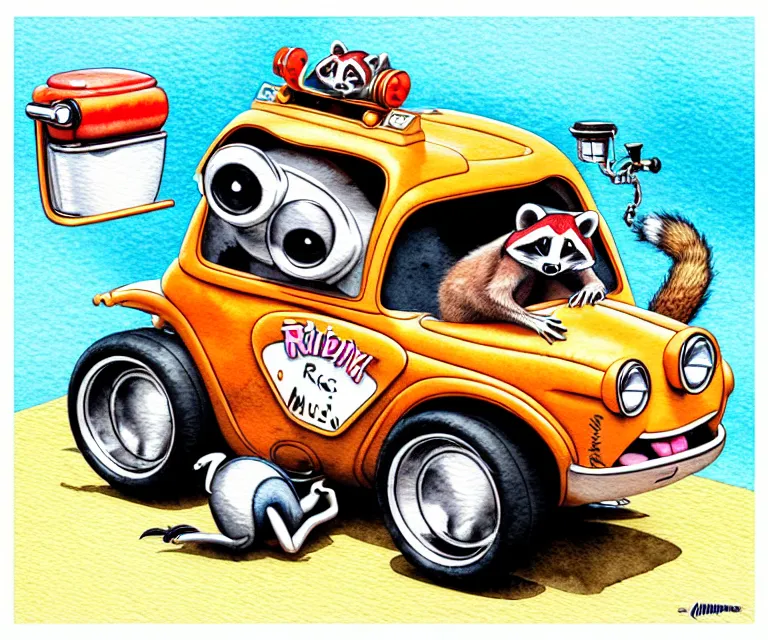 Image similar to cute and funny, ( racoon [ smoking cigar ] ) riding in a tiny hot rod with oversized engine, ratfink style by ed roth, centered award winning watercolor pen illustration, isometric illustration by watercolor girl, edited by range murata, tiny details by artgerm, symmetrically isometrically centered