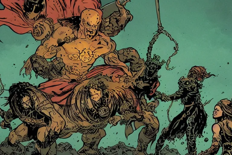 Image similar to elden ring boss fight illustrated in the style of mike mignola 4k