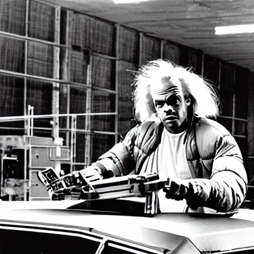 Image similar to doc brown working construction, building a delorean, back to the future - w 7 6 8