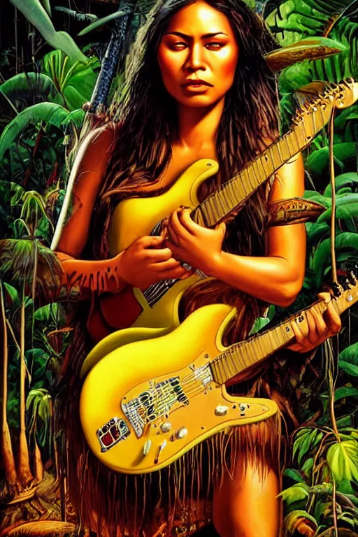 Prompt: an indigenous beautiful woman with playing with a fender guitar in the jungle, marshall jvm 2 0 5 c, poster art by daniele caruso, benediktus budi, jason edmiston, vc johnson, powell peralta, volumetric light, fog