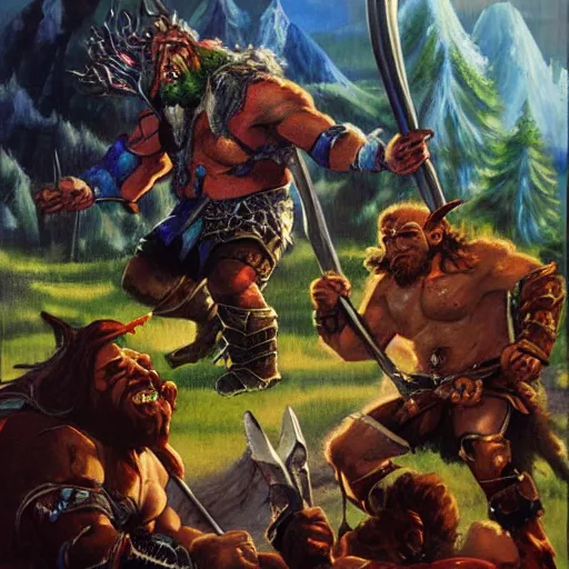 Prompt: Fantasy battle between Orcs and Elves, painted by Bob Ross