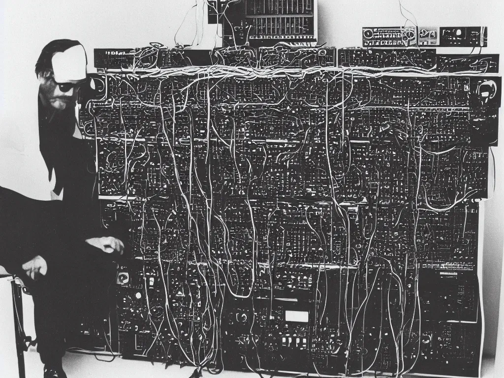 Prompt: 1980s photograph of a man made of 80s modular synthesizers