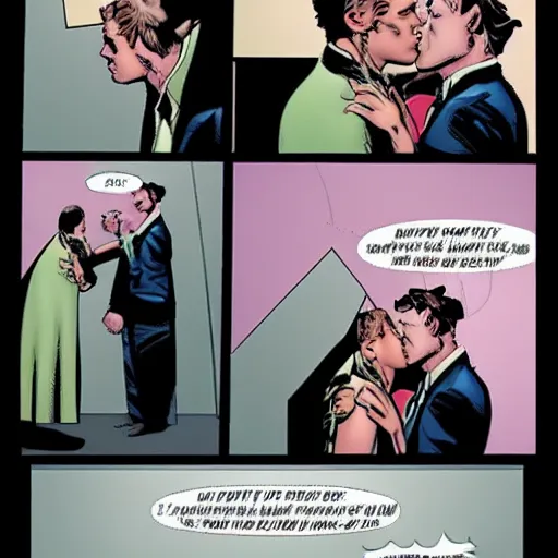 Image similar to amazing comic book panel of Norman Osborn kissing female Peter Parker