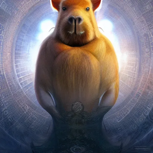 Prompt: capybara surrounded by sacred geometry made from elven architecture, gorgeous, powerful, cinematic, beautifully lit, by artgerm, by karol bak, 3 d, trending on artstation, octane render