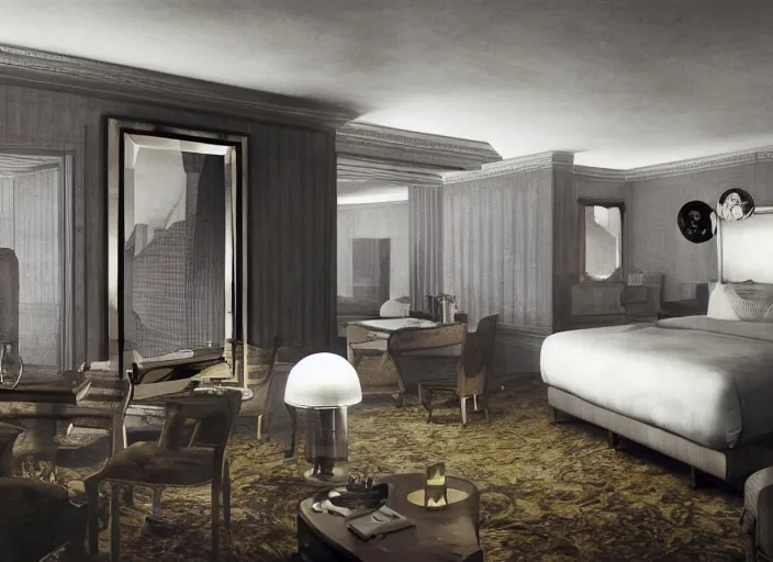 Prompt: group of creatures with distinct personalities, in an urban hotel room, several mirrors : : surreal architecture, chiaroscuro lighting, mysterious atmosphere : : oil painting by leonora carrington, hieronymus bosch and edward hopper, ultra - detailed technical precision : : matte painting, high definition, octane render, unreal engine, 8 k