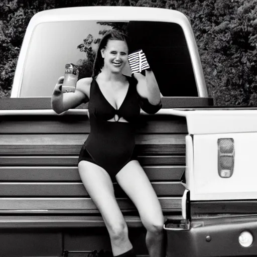 Image similar to photo of woman in the back of a pickup truck wearing bikinis drinking beer waving the american flag. sigmund freud is also in the back.