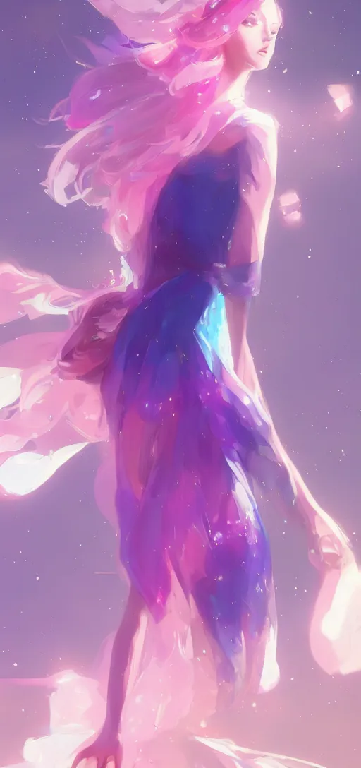 Prompt: beautiful woman floating in space peacefully, crystallized dress, pinks blue an purples, vibrant, extra long hair, full body, airbrushed, hazy, gentle, soft lighting, wojtek fus, by Makoto Shinkai and Ilya Kuvshinov,