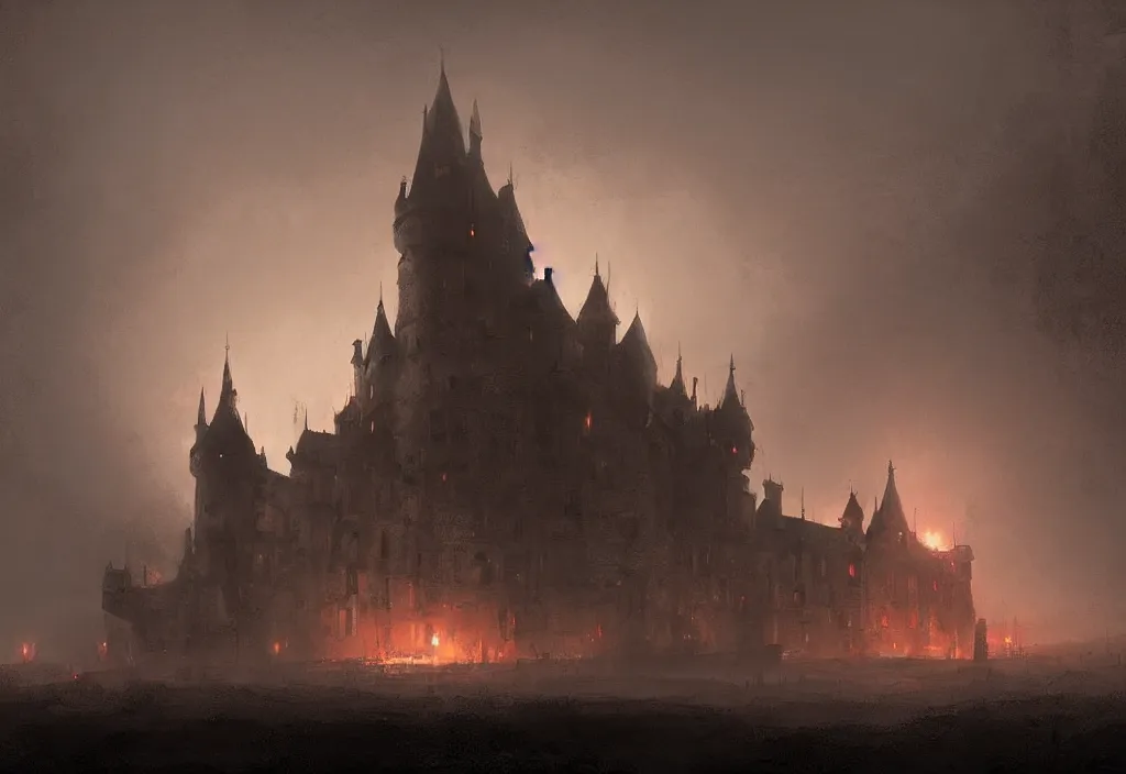 Image similar to a castle on fire, night, foggy, gloomy, mysterious, artstation, jakub rozalski, high detail