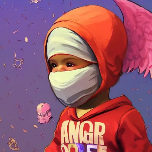 Prompt: baby Angel cherub,wearing angel halo, ski mask, balaclava, wearing angel halo covered face, orange hoodie, hip hop, multiple golden necklaces, fantasy art apex fortnite Video game icon, 2d game art gta5 cover , official fanart behance hd artstation by Jesper Ejsing, by RHADS, Makoto Shinkai and Lois van baarle, ilya kuvshinov, rossdraws