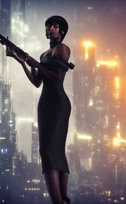 Prompt: Elegant Black woman in dress and heels, hold a gun, back to us, looking at a futuristic Blade Runner city” 8K