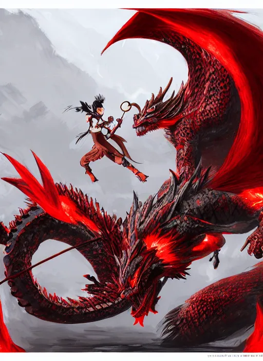 Prompt: maiko fighting a dragon, fluent composition, red white and black, concept art, ambient light, 4 k, intricate details, highly professionally detailed, cgsociety, highly detailed -