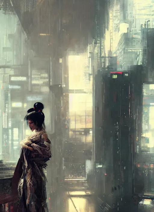 Image similar to cyberpunk geisha, rule of thirds, intricate outfit, spotlight, by greg rutkowski, by jeremy mann, digital painting