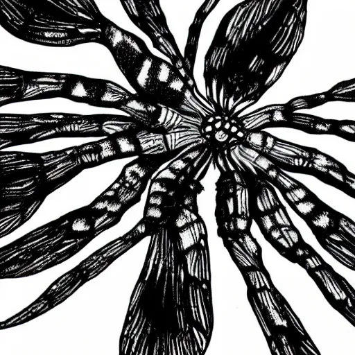 Image similar to spider, black and white, botanical illustration, black ink on white paper, bold lines